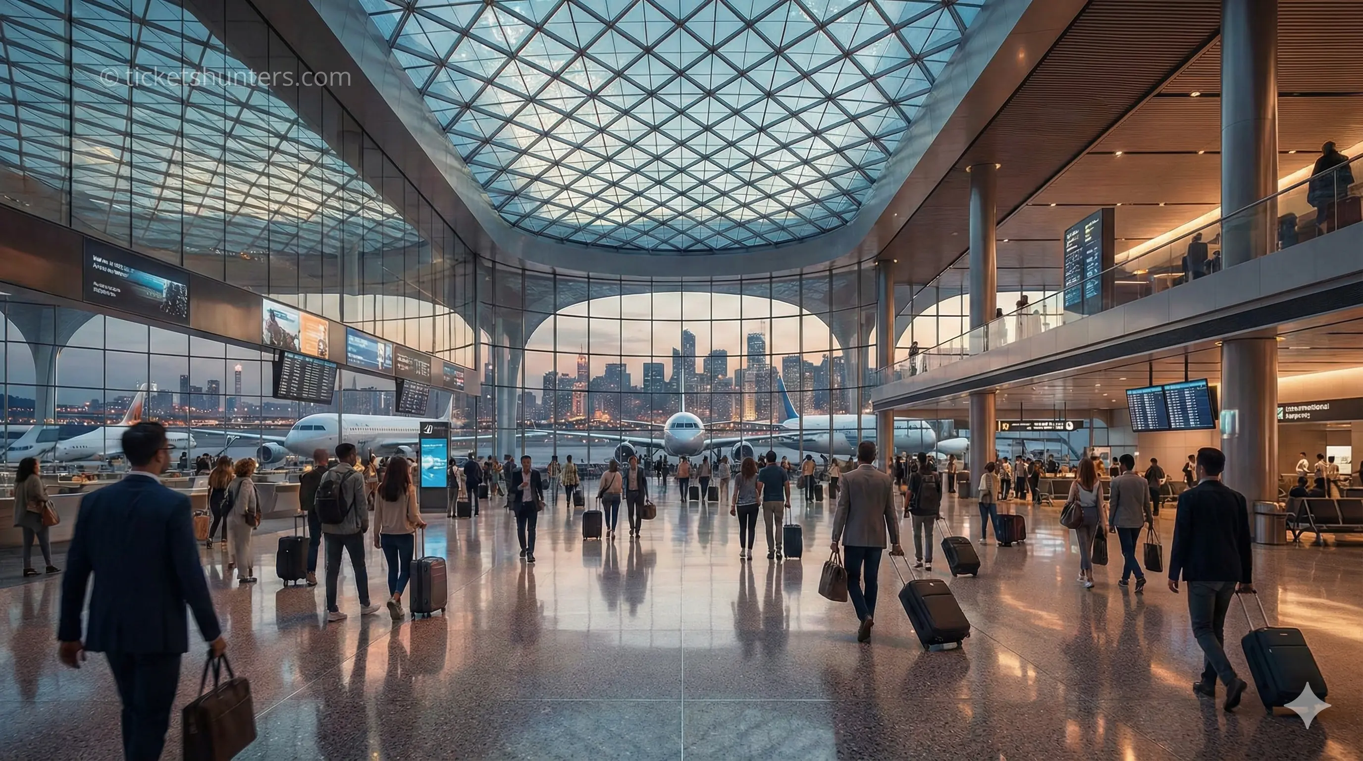 EXPEDIA 1 Expedia review global connectivity hub showing a massive international airport terminal