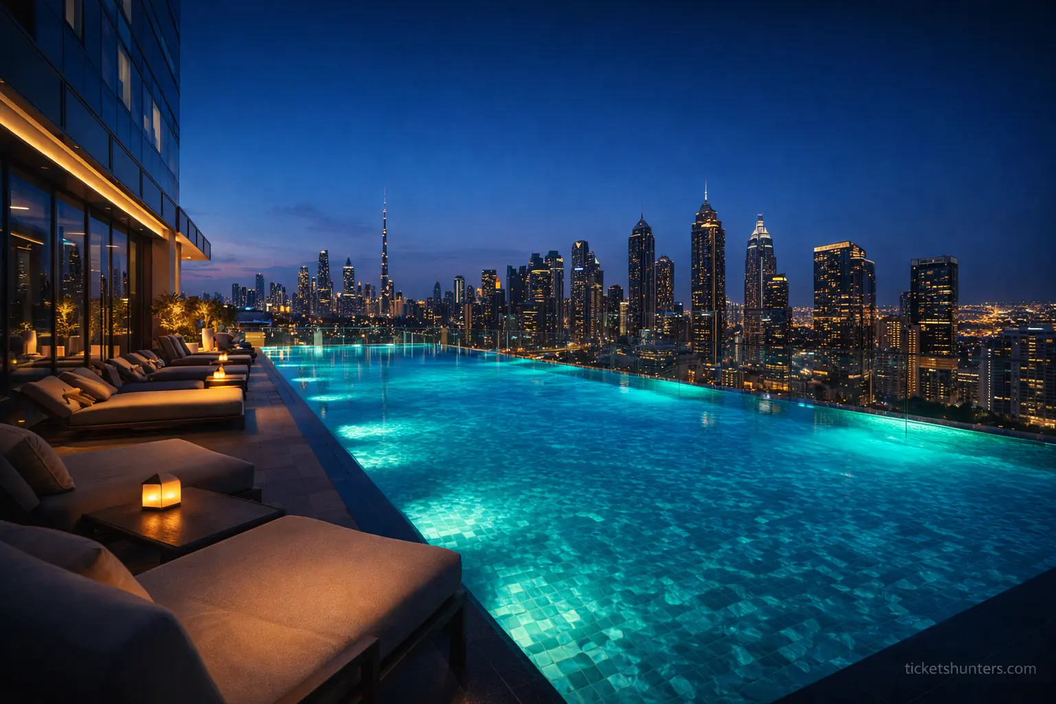 Trip.com Hotels review urban skyline luxury displaying a gorgeous infinity pool overlooking a modern metropolis