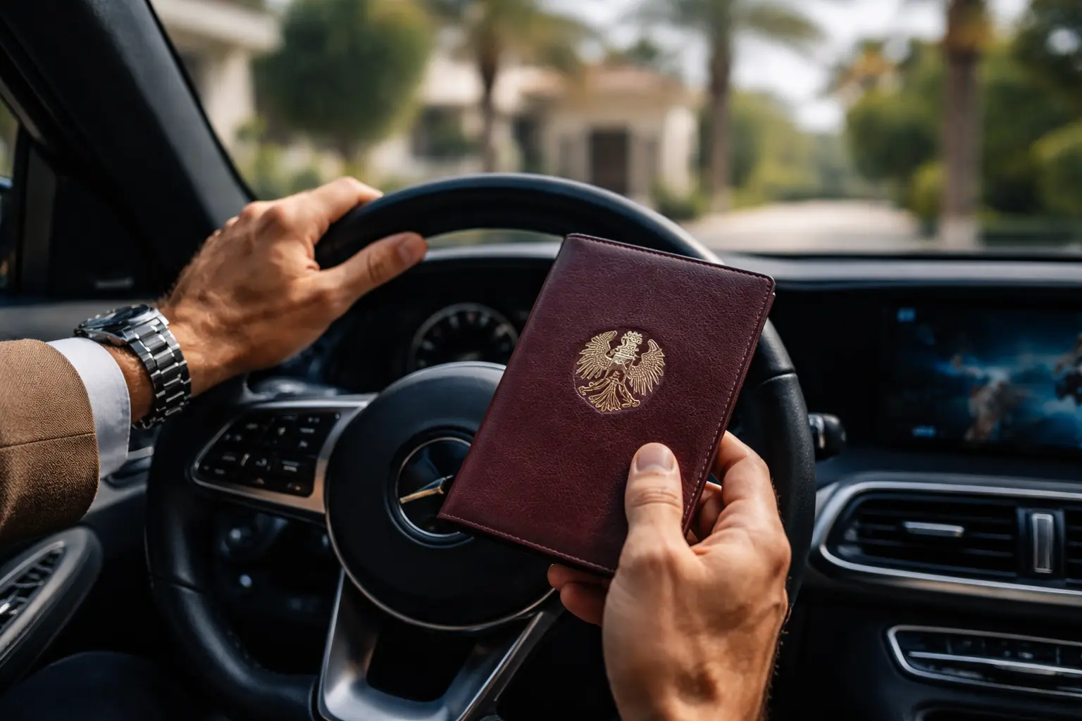 Nahaufnahme der Hände eines Reisenden am Lenkrad eines Luxusautos mit einem deutschen Reisepass