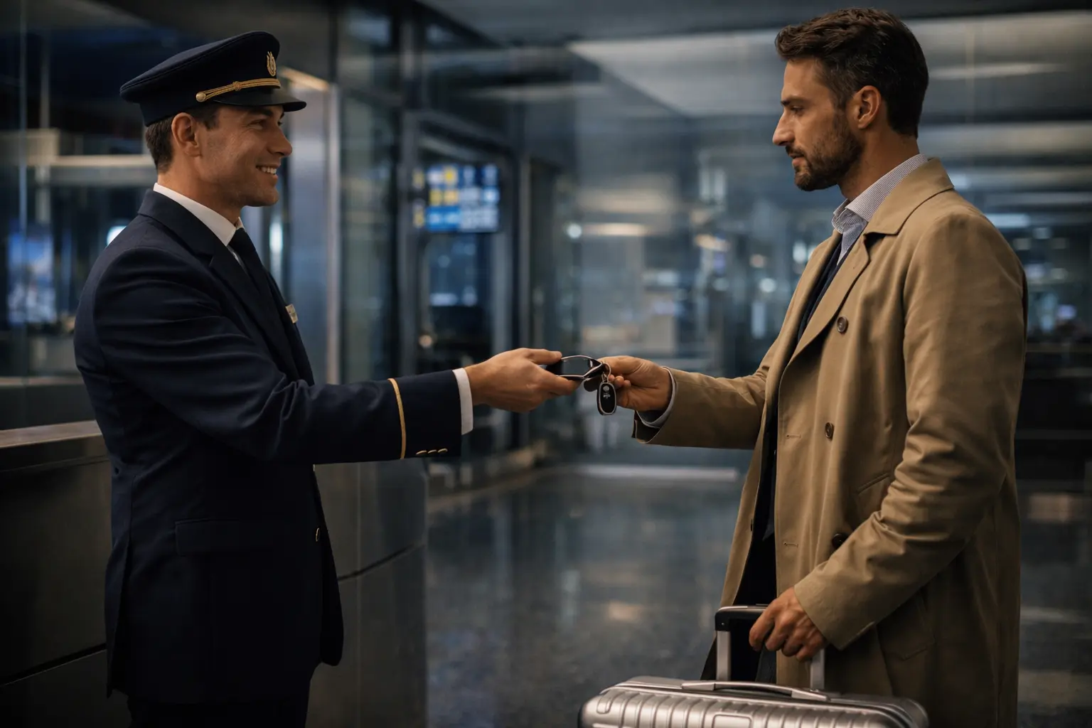 Ein Concierge übergibt einem VIP-Reisenden im modernen VIP-Terminal des Flughafens München die Schlüssel für einen Premium-Mietwagen