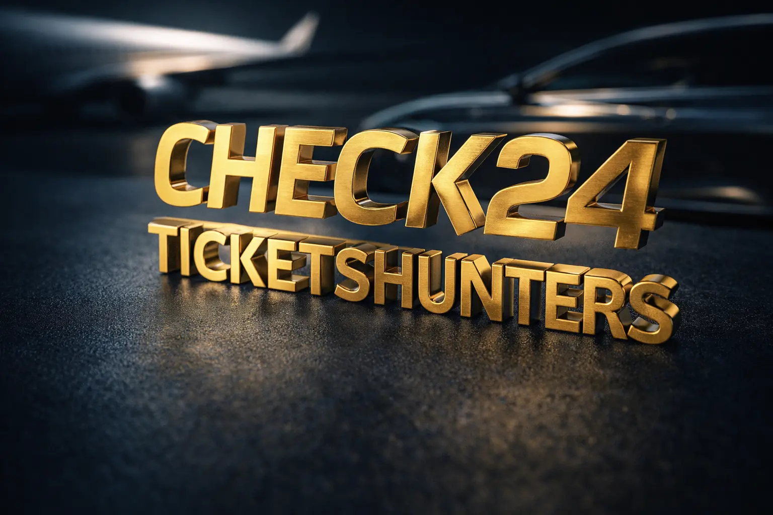 CHECK24 Reisen und Mietwagen 2026: 3D-Text aus gebürstetem Gold mit CHECK24 und TICKETSHUNTERS