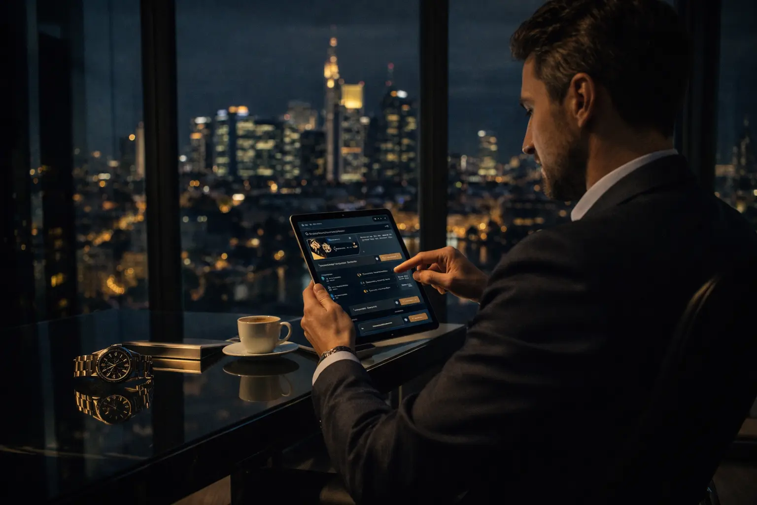 CHECK24 Reisen und Mietwagen 2026: Anspruchsvoller deutscher Reisender bucht Premium-Mietwagen auf einem Tablet in einem Frankfurter Penthouse