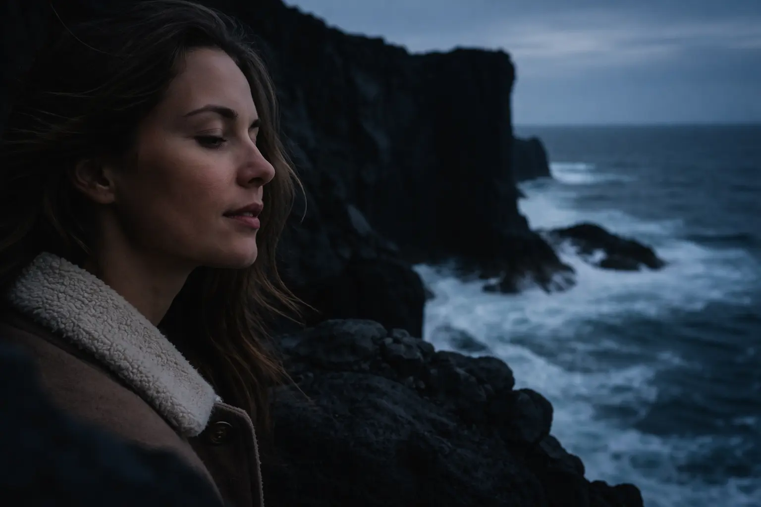 Iceland Volcanic Cliffs Coastal Isolation Quietcation: Thoughtful traveler overlooking raw Atlantic waves crashing on Iceland's volcanic cliffs.