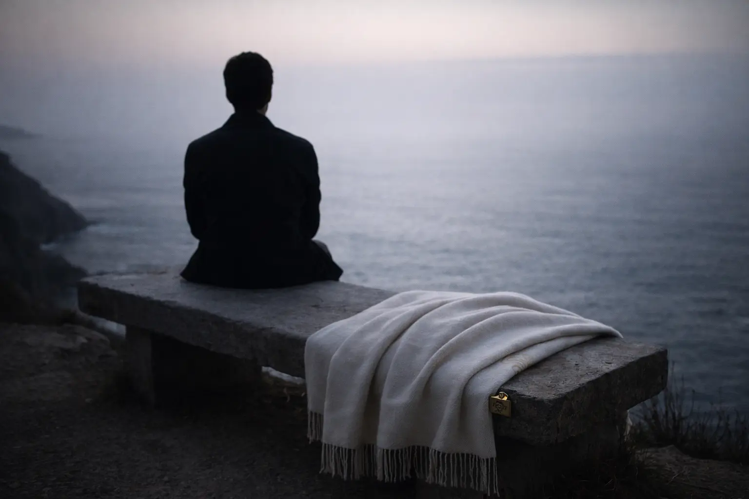 Ocean Horizon Contemplation Wide ocean horizon from a cliffside with a lone traveler seated, finding peaceful coastal isolation to rest your soul and find your why.