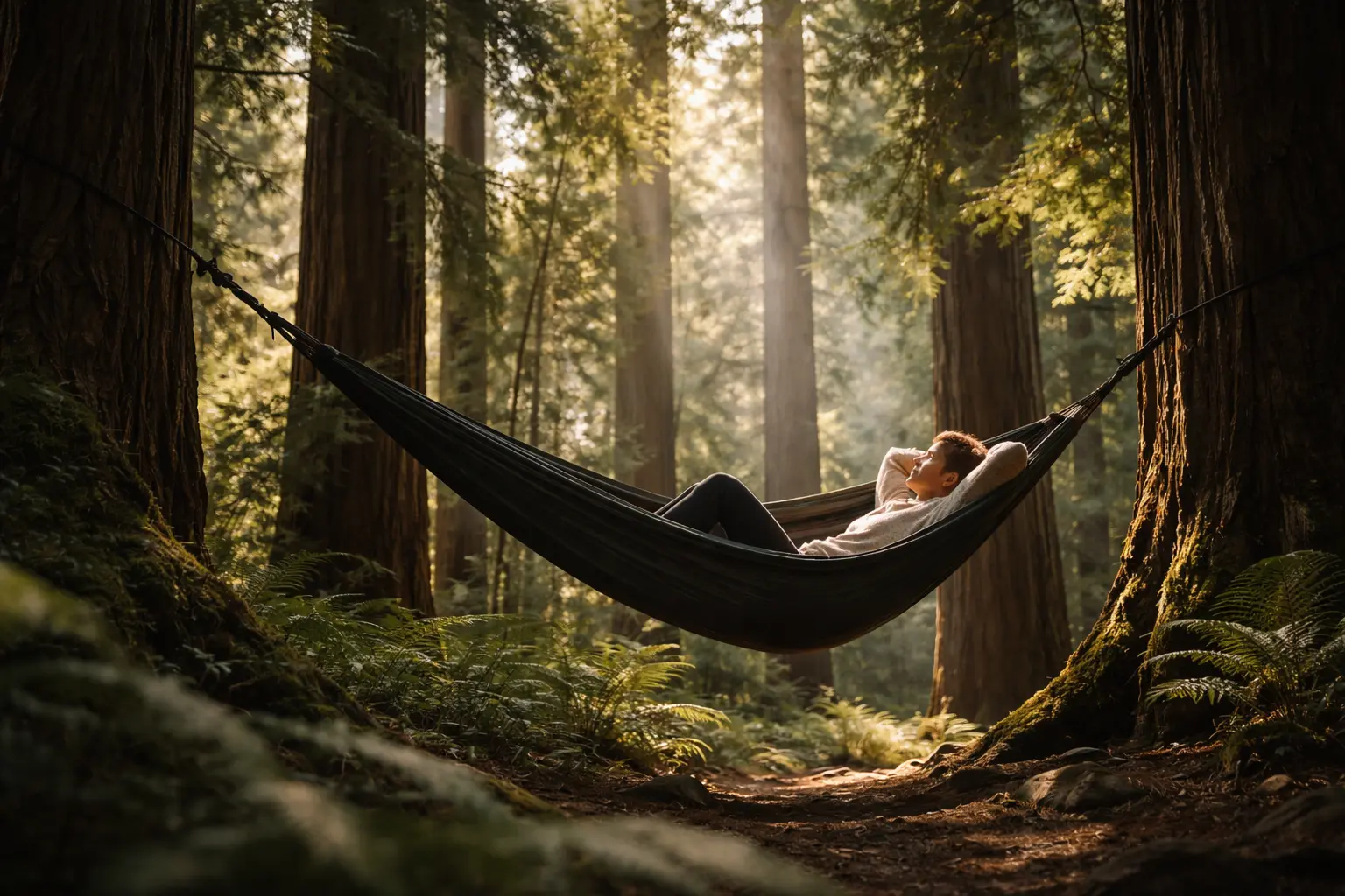 Deep Forest Canopy Quietcation Therapy Quietcation: Person relaxing in a hammock between ancient Redwood trees in deep forest.