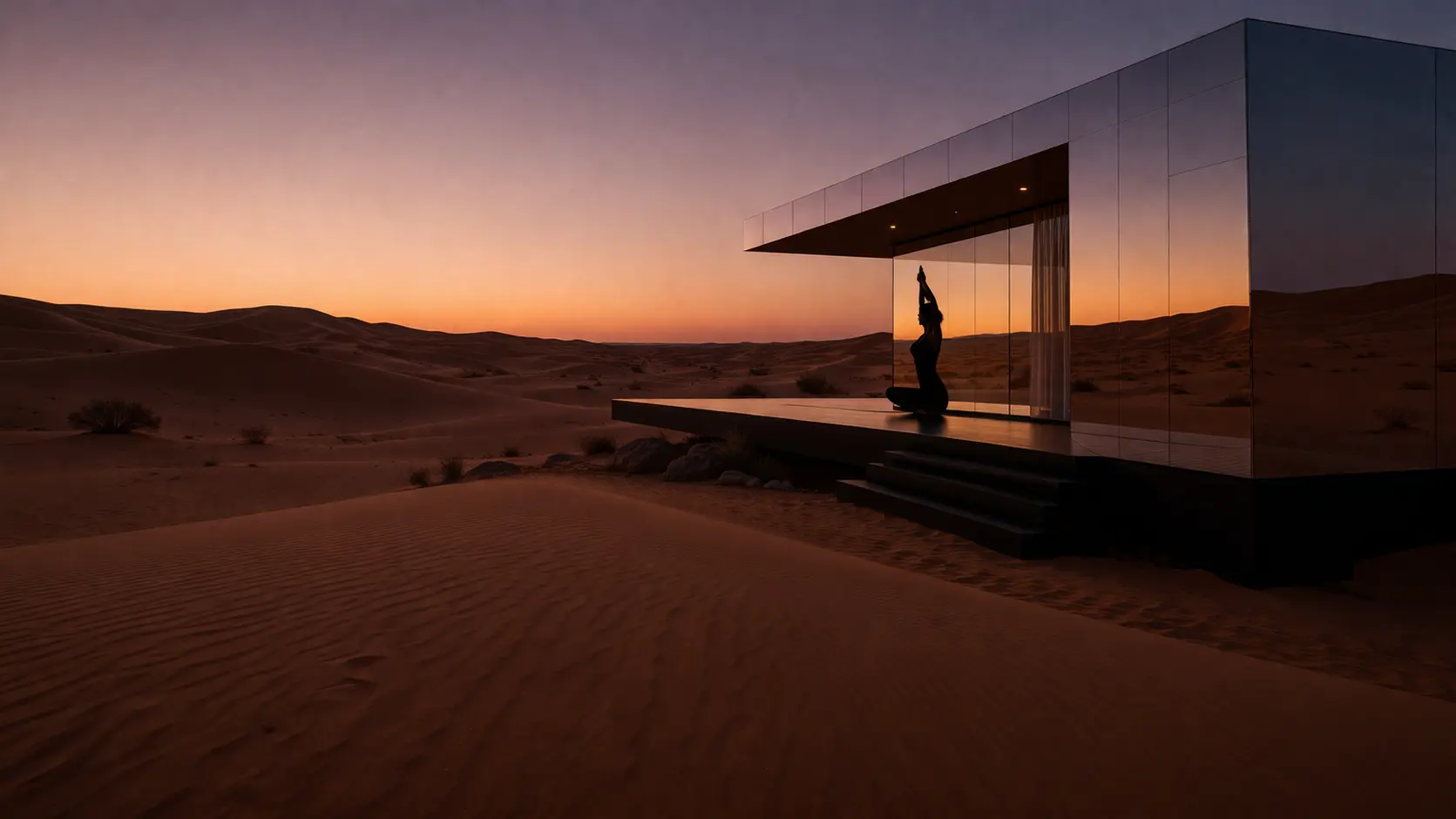Omani Desert Empty Quarter Quietcation Quietcation: Minimalist luxury mirrored cabin in Omani desert under Golden Hour sky.