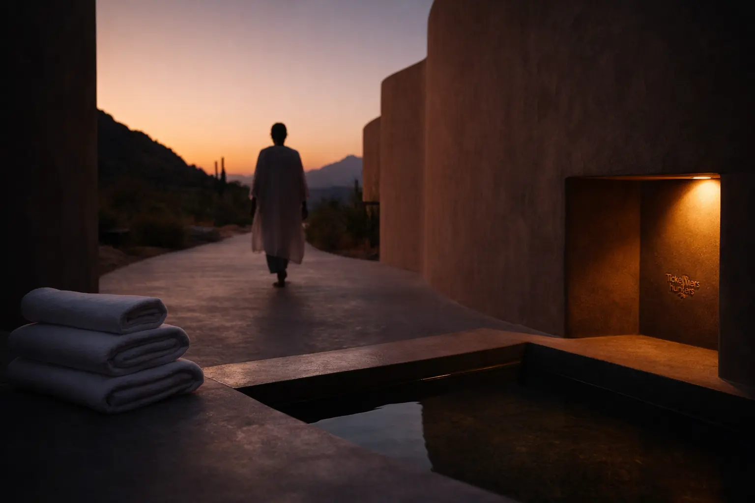 Desert Oasis Soul Recharge: Ultimate Rest Twilight at a desert wellness resort with a silhouetted traveler finding deep rest and soul recharge to master The 2026 'Whycation' Trend.