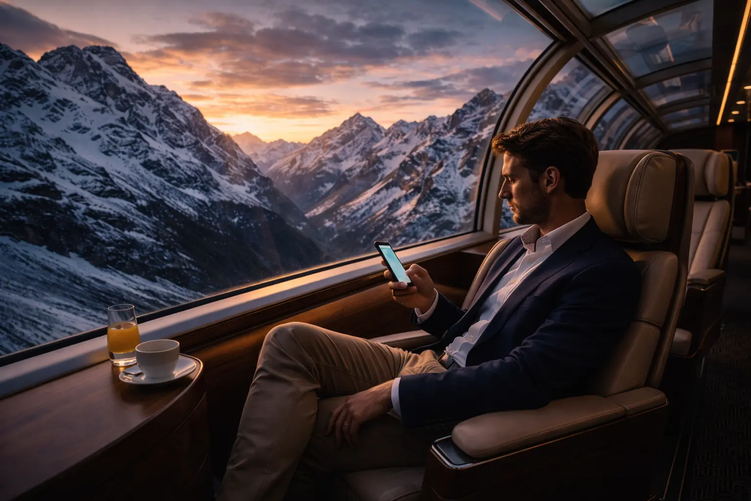 DRIMSIM Drimsim global SIM review showcasing a traveler experiencing seamless internet while crossing a snowy mountain border on a train