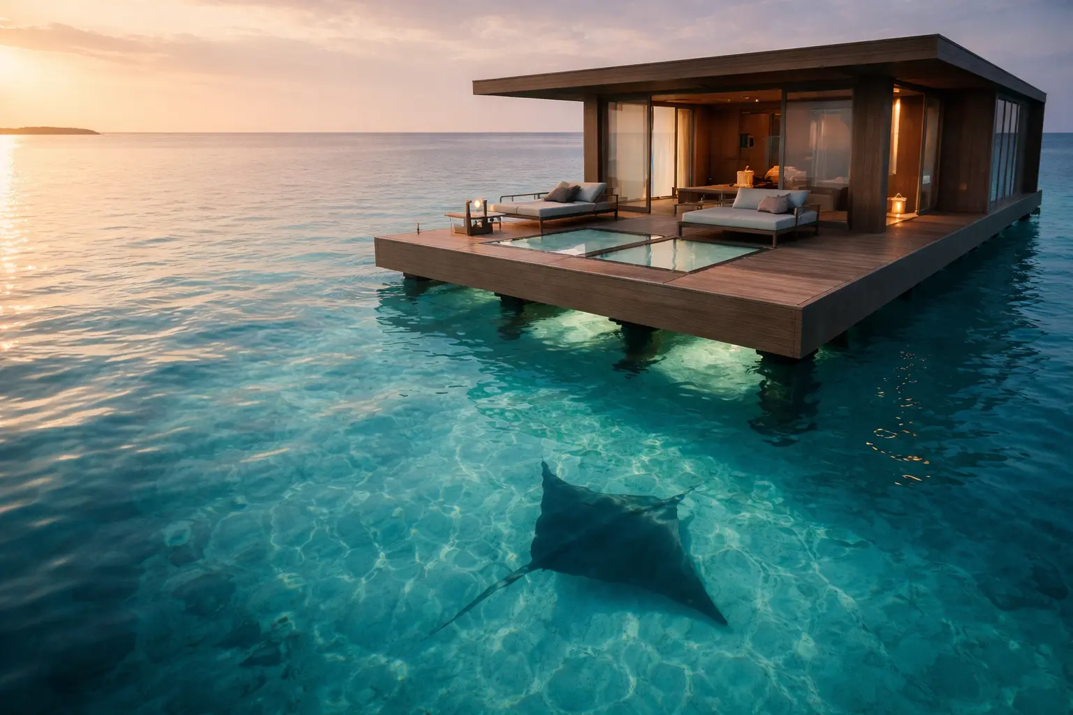 Maldives Outer Atoll Quietcation Quietcation: Minimalist floating cabin on ultra-clear remote Maldives lagoon.The 2026 'Quietcation' Trend
