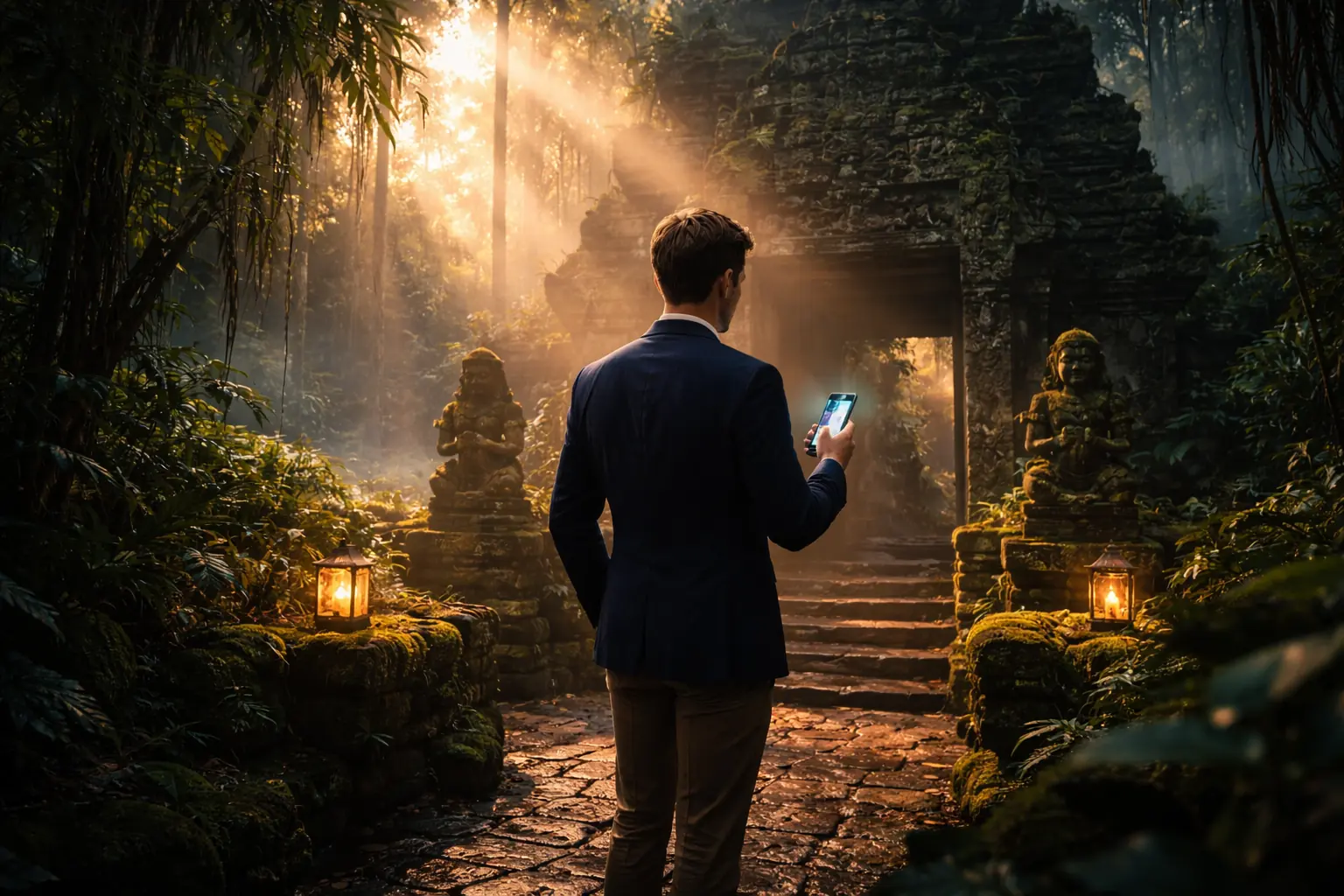 KKDAY GLOBAL KKday Global review showing a smart traveler unlocking an exclusive hidden temple experience at dawn