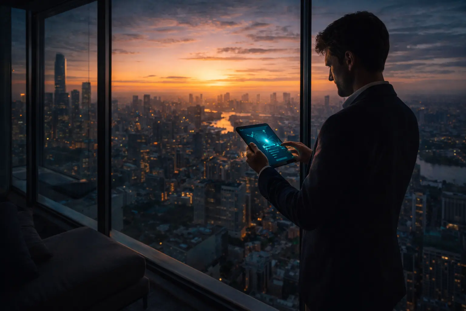 MYTRIP Mytrip review showcasing a smart traveler planning a global flight itinerary from a luxury penthouse at dawn