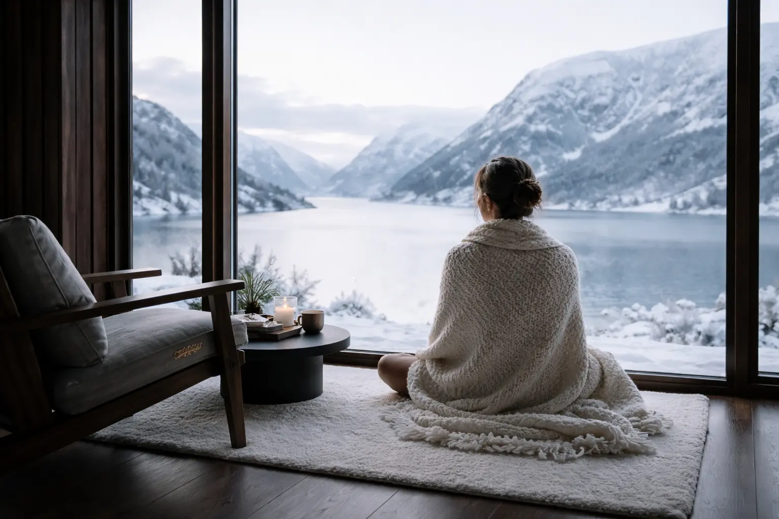 Nordic Sanctuary Interior: Minimalist Whycation Design Inside a minimalist Nordic cabin, a mindful traveler looks out over a snowy fjord embracing The 2026 'Whycation' Trend.