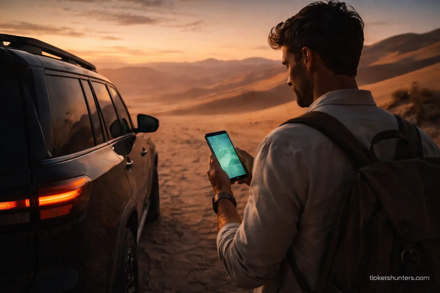Smart traveler using tech in the desert for the Oman travel guide with cyan glow