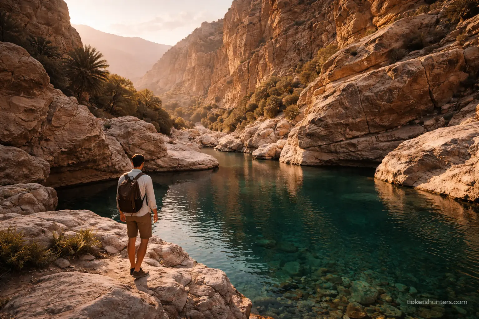 Oman travel guide 2026 showcasing the ultimate Wadi Shab experience with deep teal waters