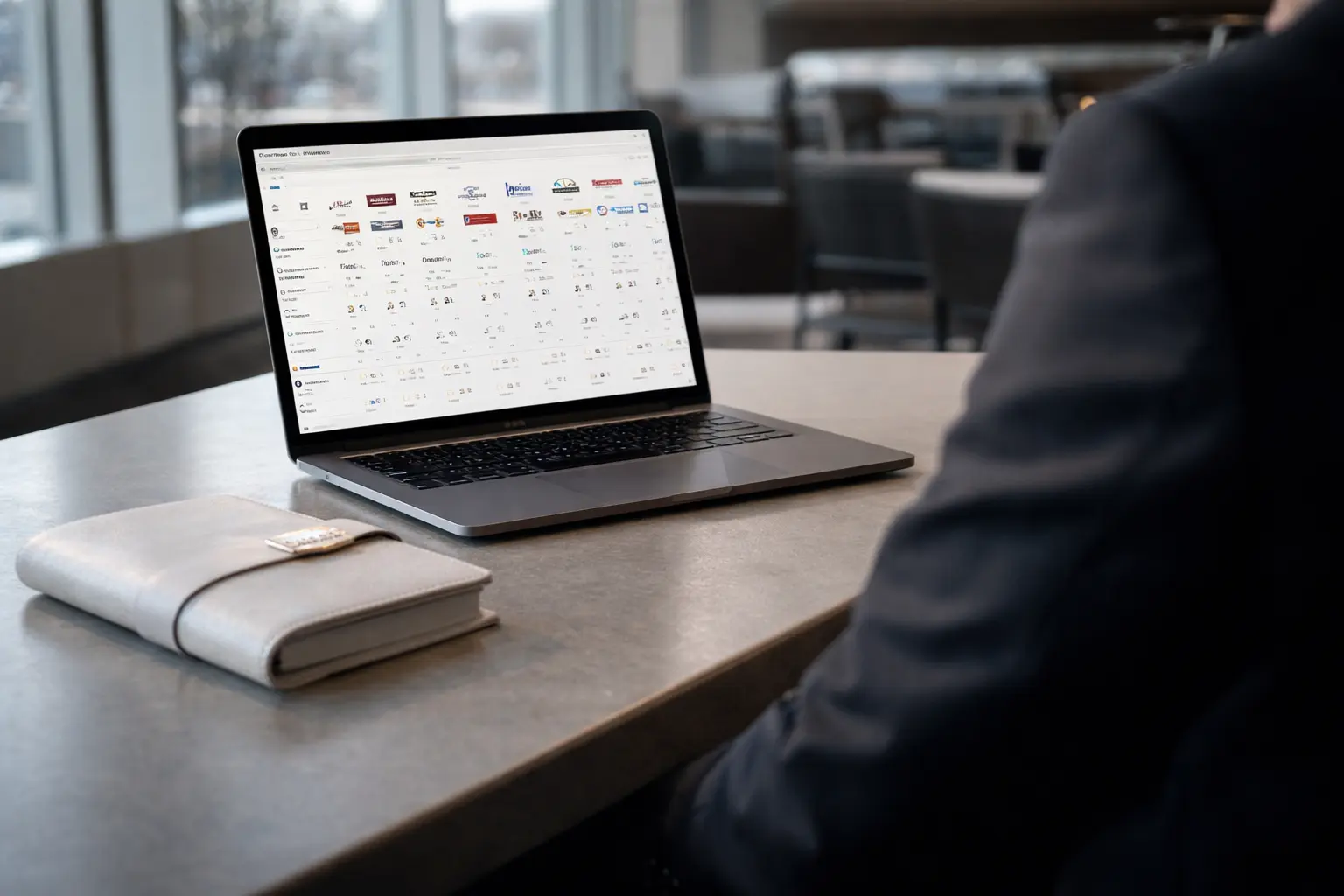 Smart Planning Phase for Whycation Success Sophisticated travel planner in a clean aggregator lounge, comparing flight options for The 2026 'Whycation' Trend that will rest your soul.