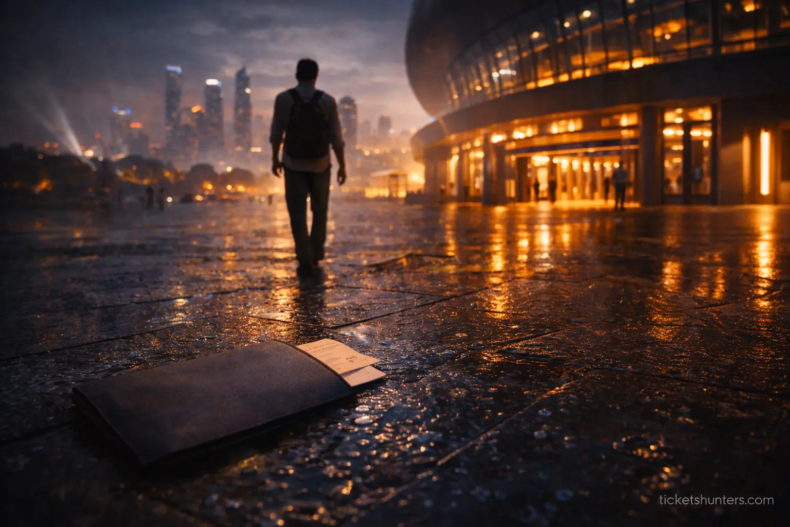 TicketNetwork review capturing a smart traveler approaching a massive illuminated event venue at twilight