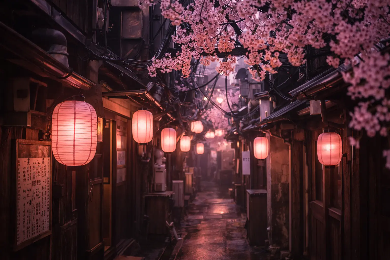 TOKYO TRAVEL GUIDE 4 Omoide Yokocho in Tokyo at dusk illuminated by sakura-pink paper lanterns.