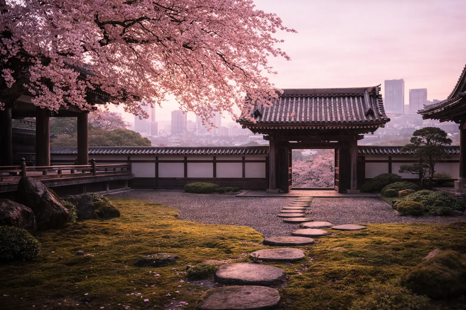 TOKYO TRAVEL GUIDE 3 Zen temple courtyard in Tokyo at dusk with cherry blossoms, representing experiential cultural tours.