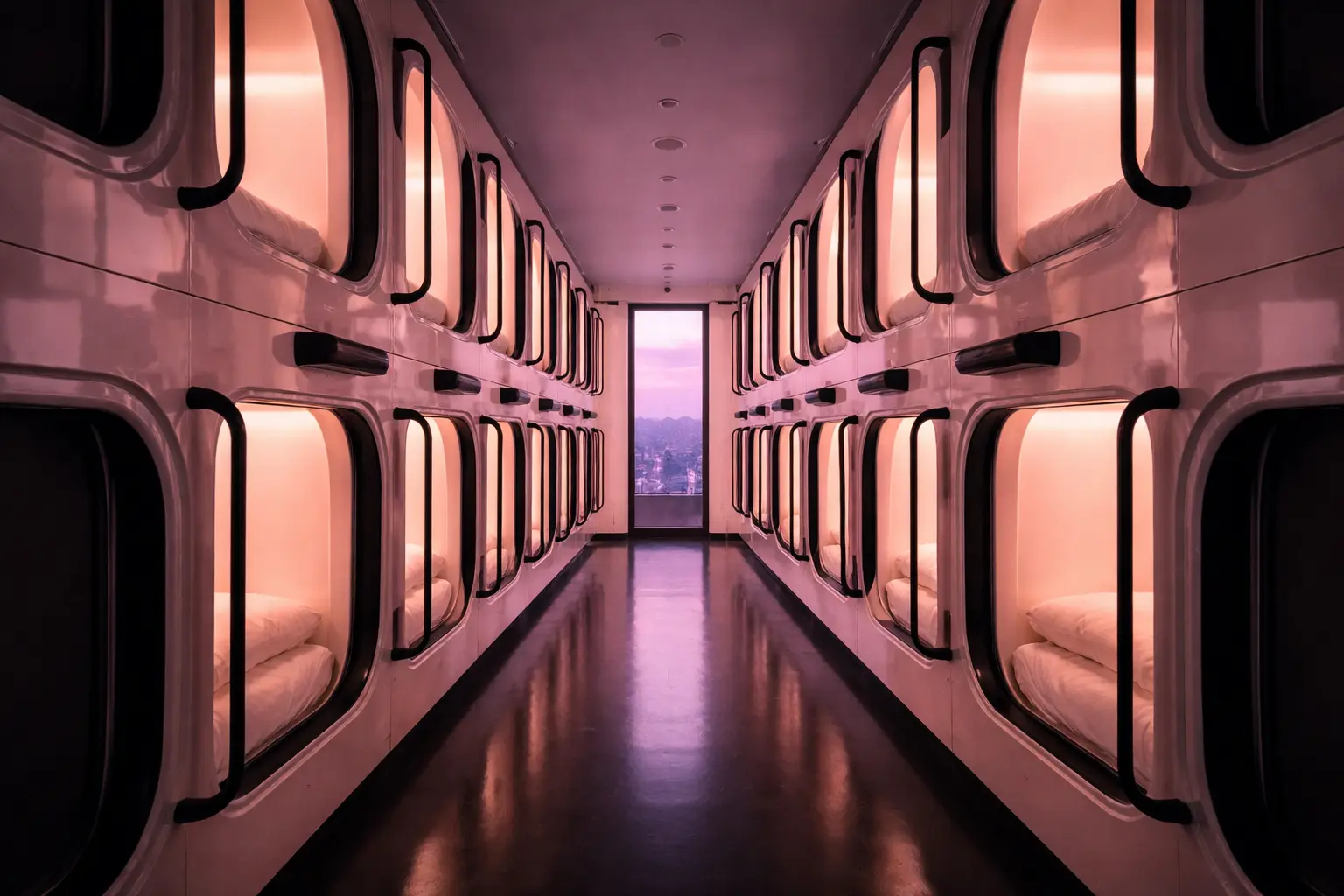 TOKYO TRAVEL GUIDE 2 Minimalist corridor of a capsule hotel in Tokyo featuring soft sakura-pink LED lighting, an essential part of smart bookings.
