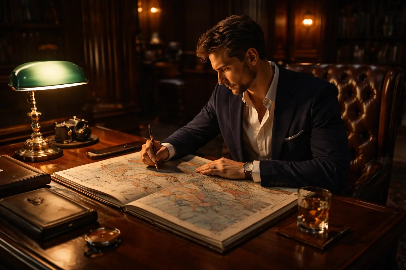 The 2026 VIP Travel Blueprint 豪華な旅行者がダークアカデミアの図書館でエリートの旅程を計画。VIP旅行 (VIP Travel)