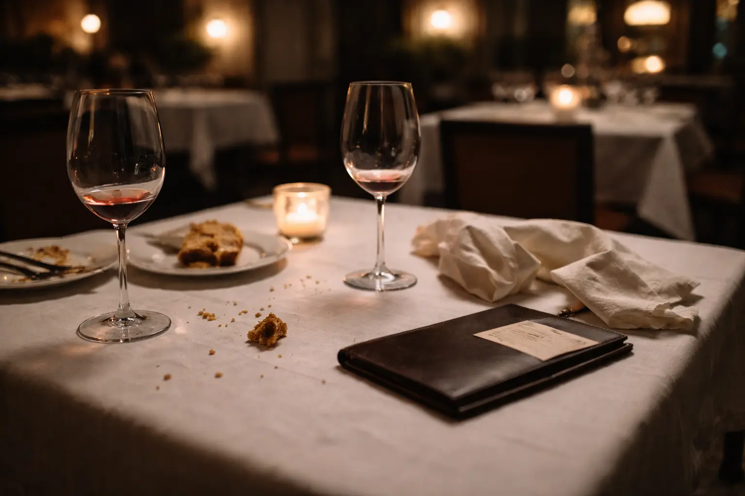 MICHELIN RESTAURANTS 🍽️ 6 Empty crystal wine glasses and crumpled napkins at the end of a luxury Michelin dinner