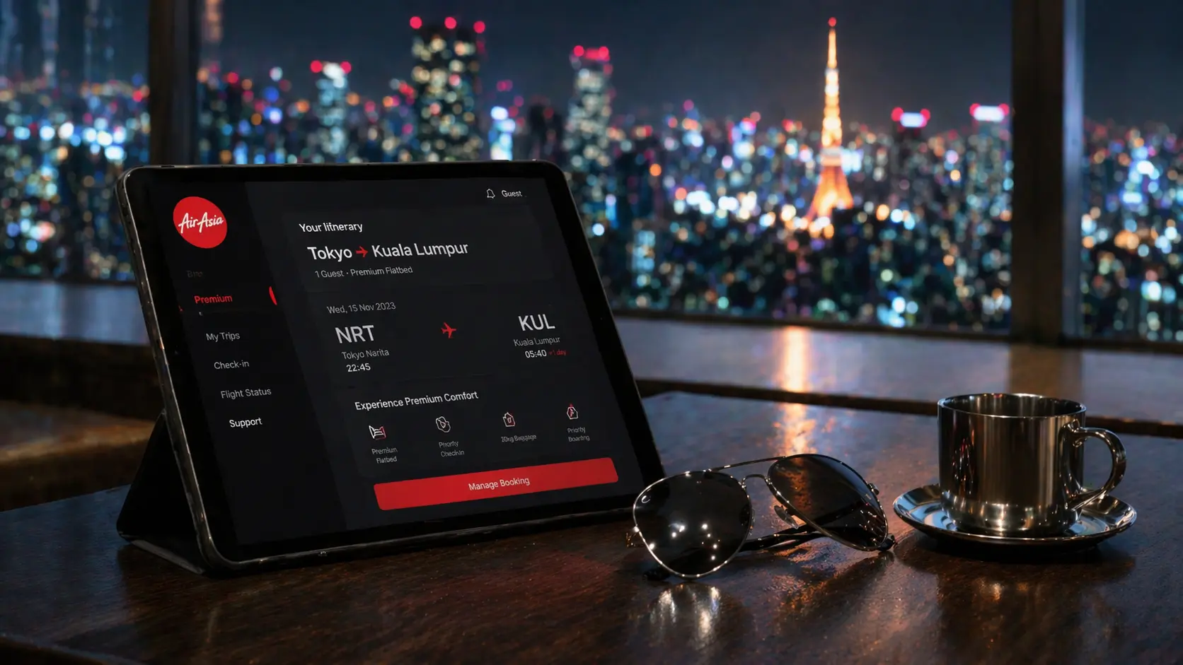A sleek digital concierge tablet displaying AirAsia Premium Flight Deals in a luxury skyscraper suite