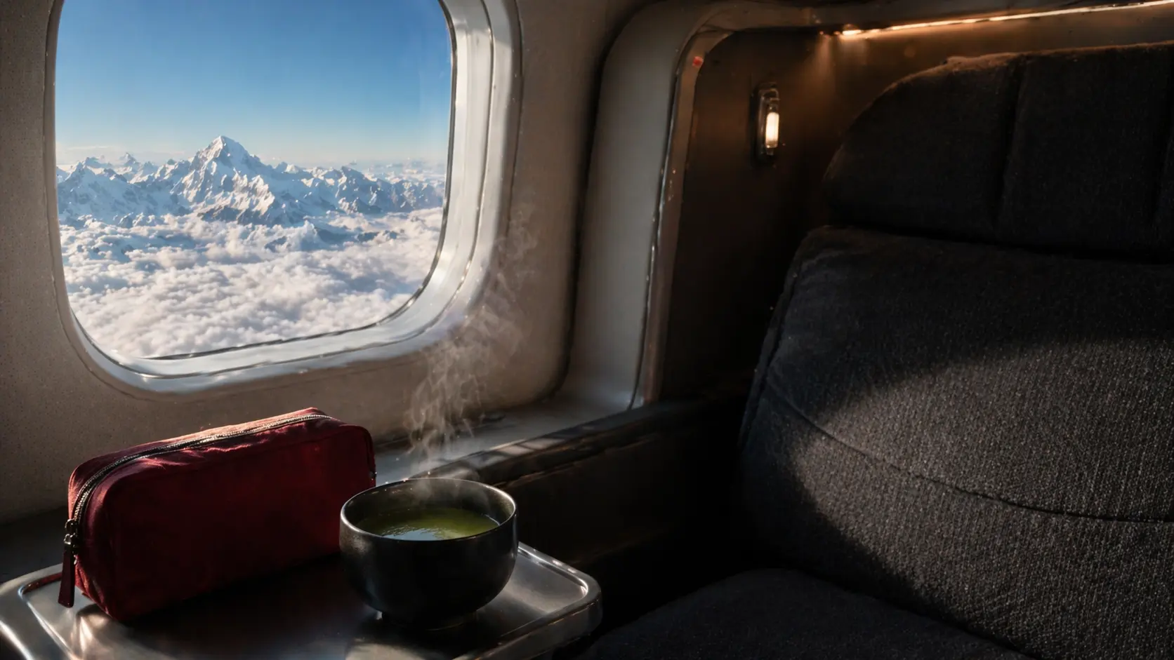 A luxurious premium flatbed seat flying above the clouds, highlighting AirAsia Premium Flight Deals