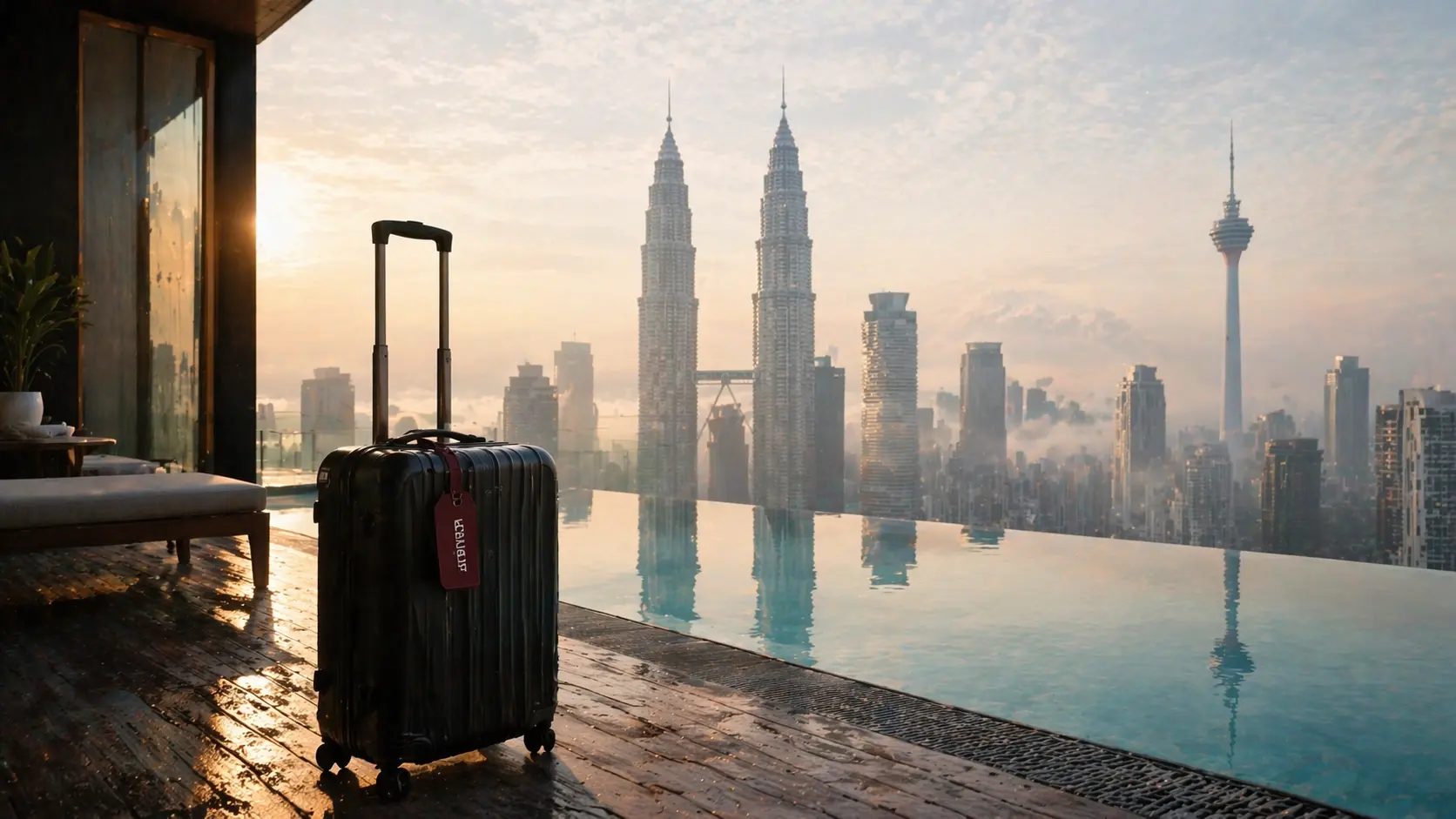 Priority luggage in a luxury hotel overlooking the Kuala Lumpur skyline, an outcome of AirAsia Premium Flight Deals