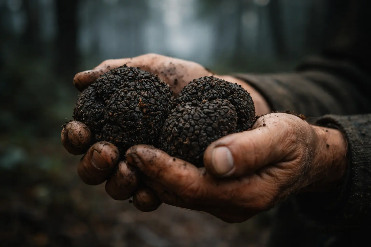 MICHELIN RESTAURANTS 🍽️ 3 Hands holding freshly foraged black truffles in a misty forest, hacking Michelin star ingredients