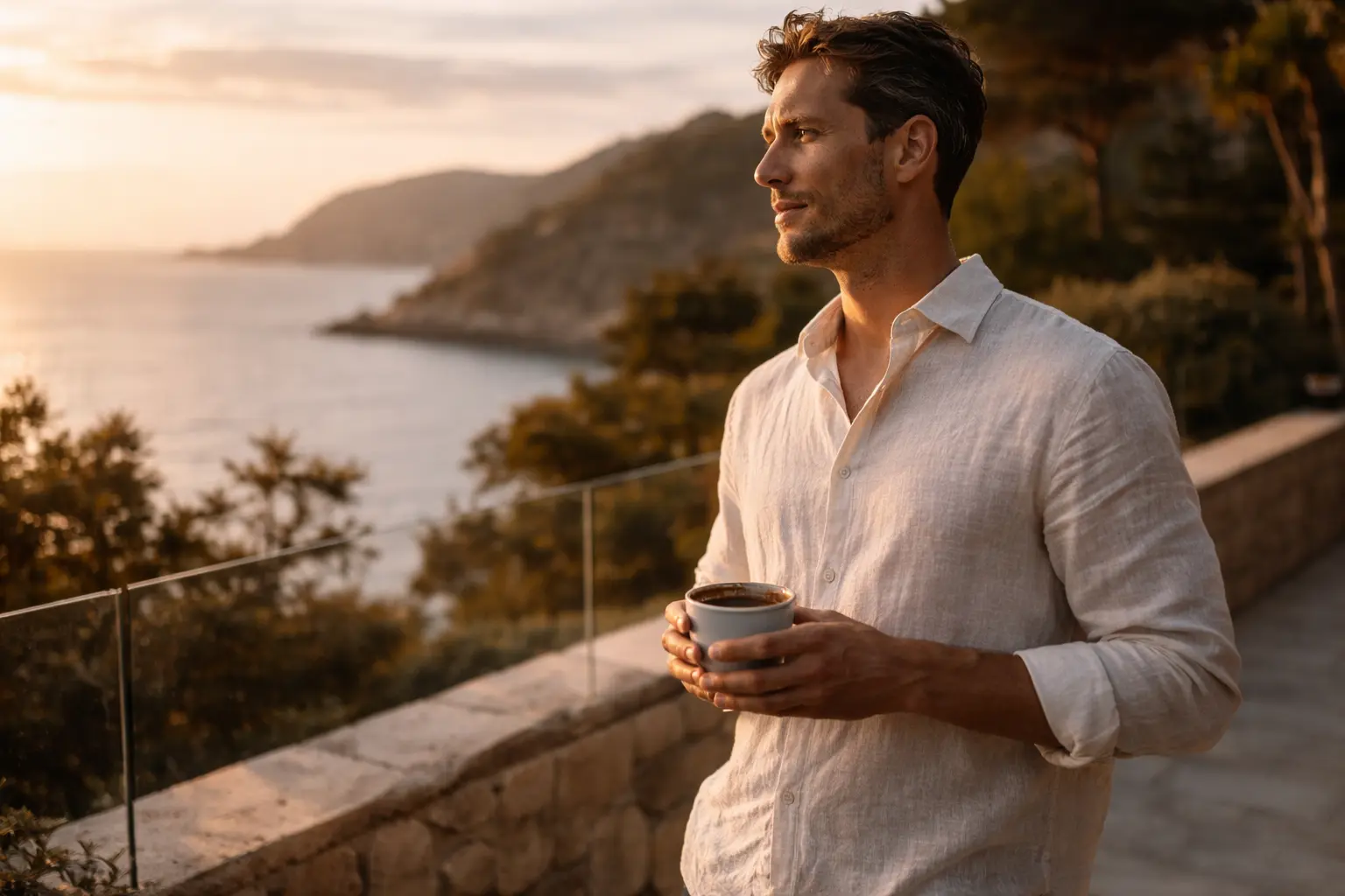 GLOBAL MEDICAL TOURISM 4 A rejuvenated traveler reflecting the ultimate ROI of Global Medical Tourism 2026 on a Mediterranean terrace.