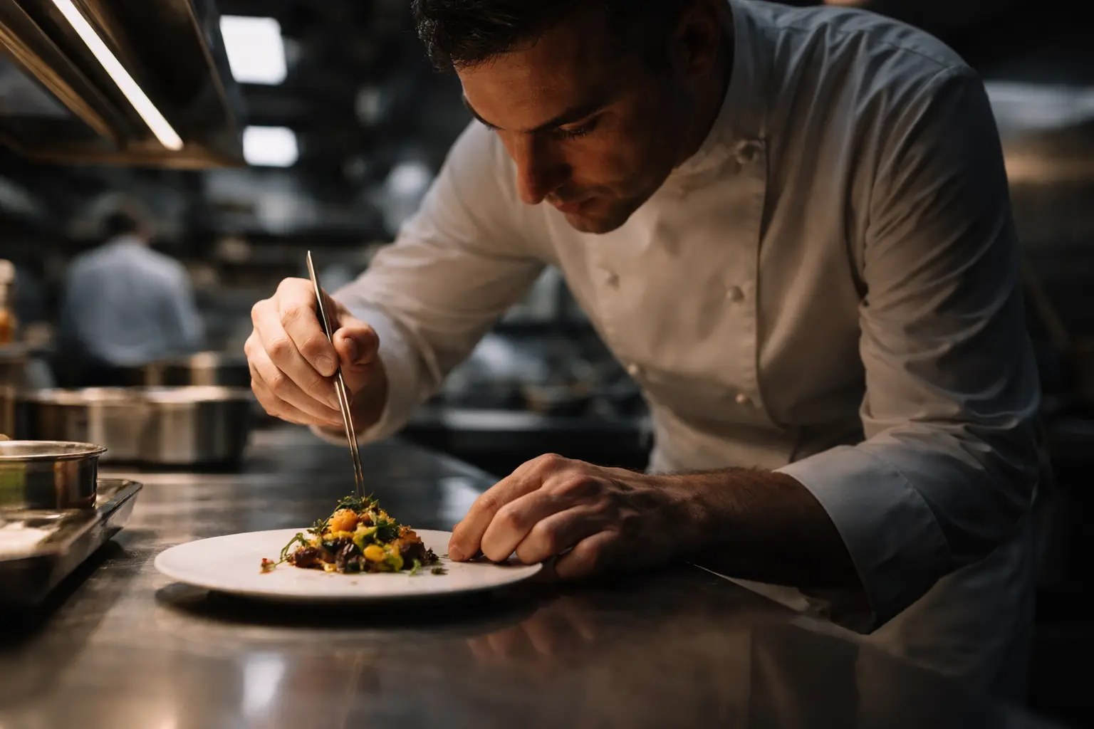 MICHELIN RESTAURANTS 🍽️ 2 A focused Michelin chef in a culinary laboratory plating a dish, World's Best Michelin Restaurants 2026