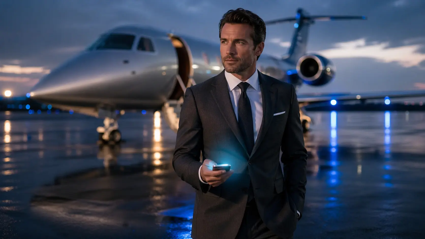 Tech-savvy CEO instantly booking a TIMEFLYS JET PRIVATE CHARTER on a tarmac using smart technology