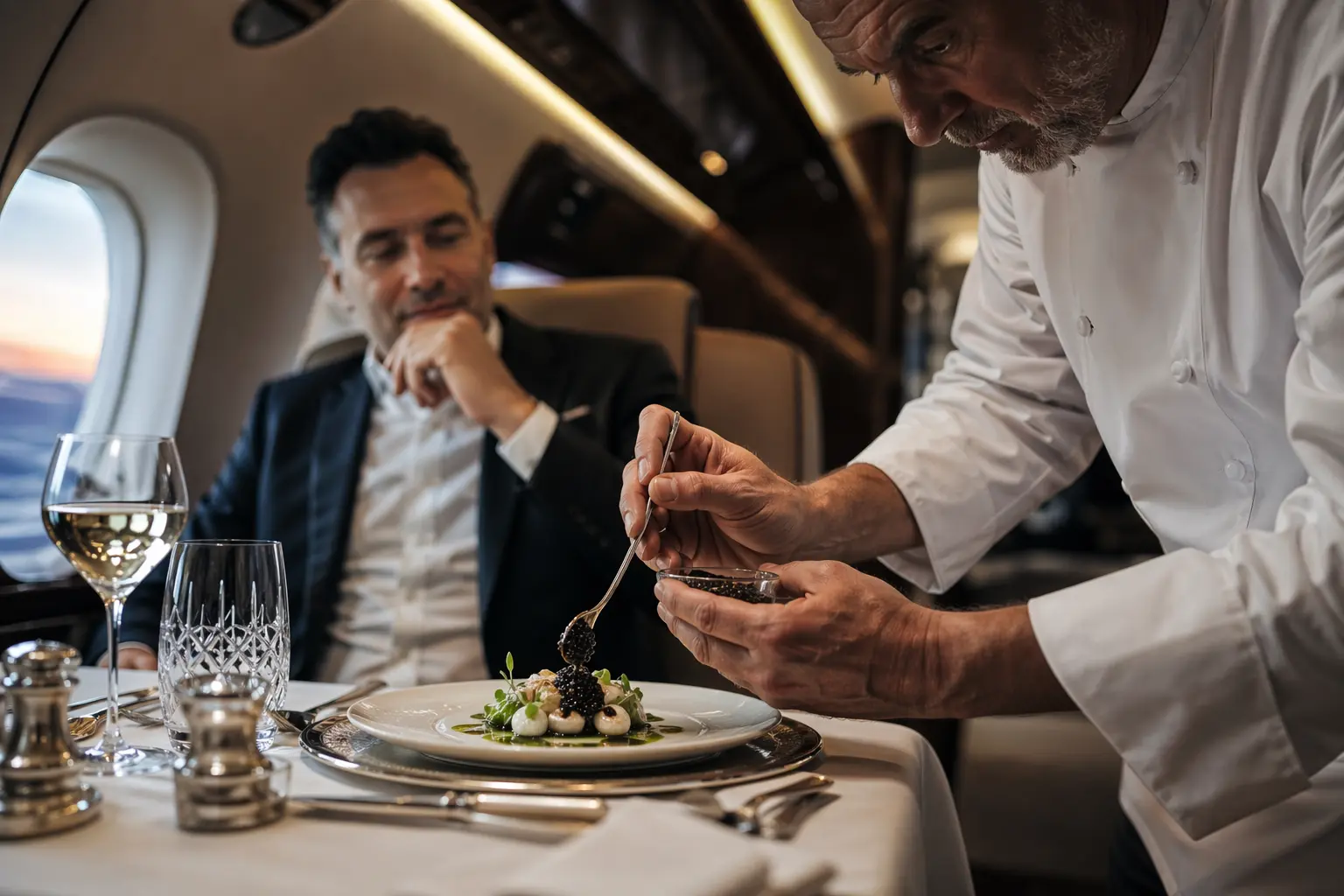 VALENS JET LUXE 🛩️ 2 Detailed interior view of a Valens Private Jet Charter cabin during a bespoke Michelin-starred dining service