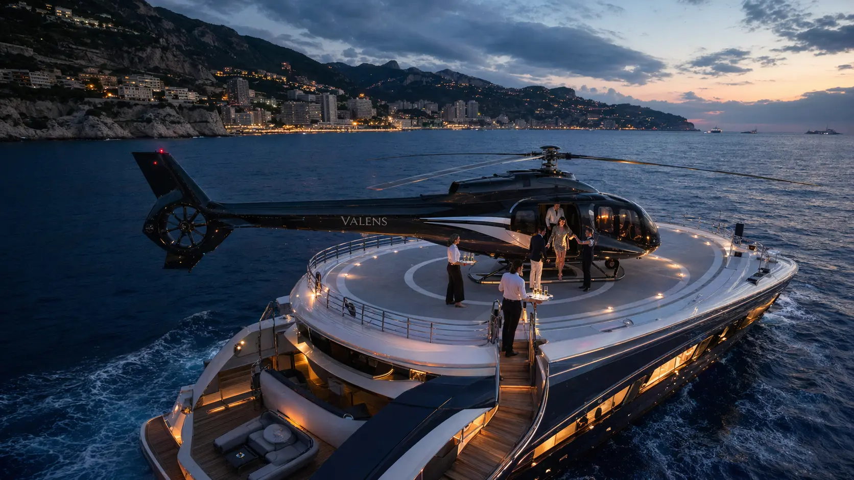 VALENS JET LUXE 🛩️ 1 Valens Helicopter completing a direct transfer from jet to superyacht over the Mediterranean coastline using Valens Jet Luxe Private Jet Charter