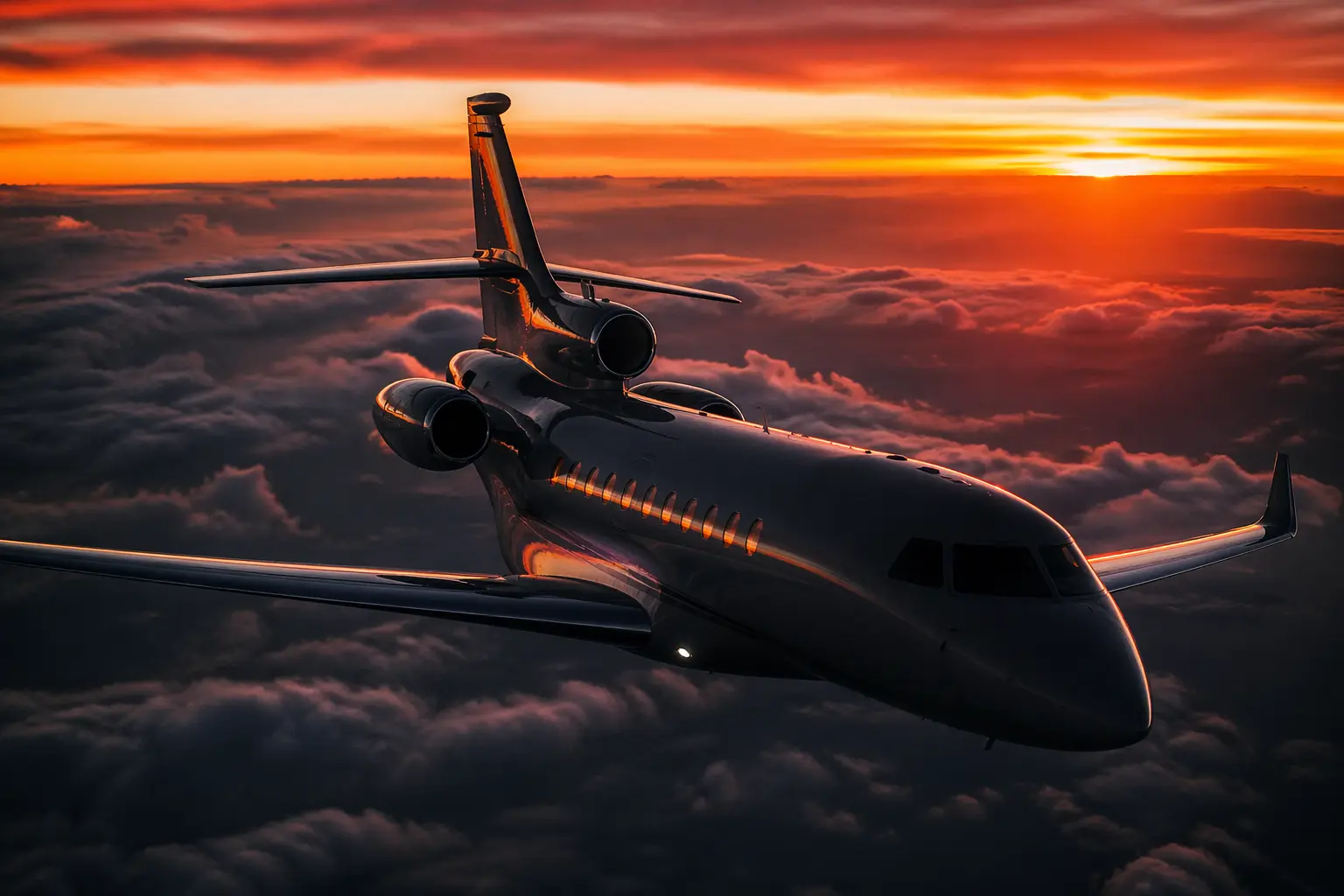 State-of-the-art private jet soaring above dramatic clouds during a deep red sunset