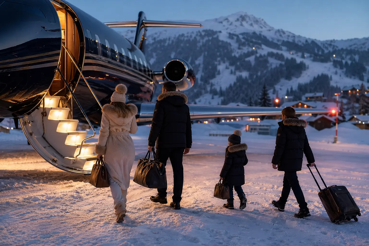 Elite family boarding a luxurious heavy private jet in a snowy alpine mountain resort at twilight
