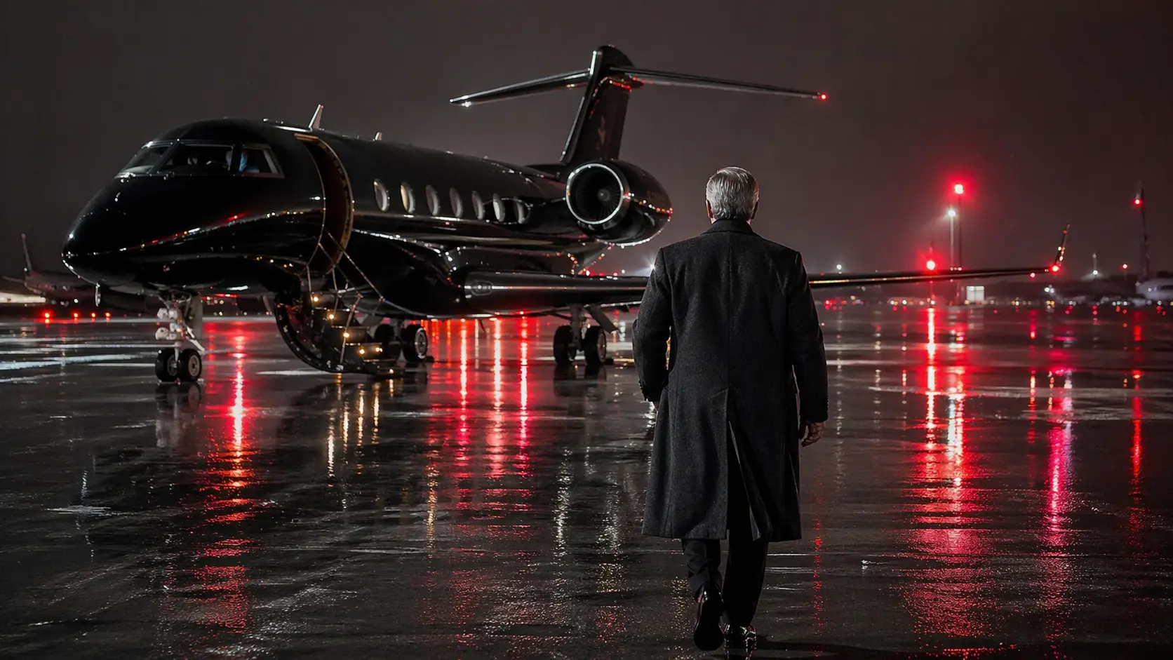 Elite business tycoon walking towards a massive obsidian-black Villiers Private Jet on a wet runway
