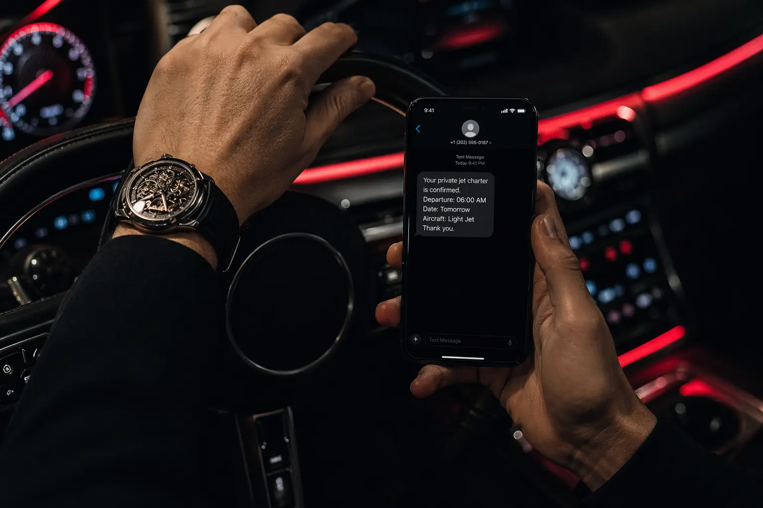 Modern traveler confirming a private jet charter via SMS on a smartphone inside a luxury car