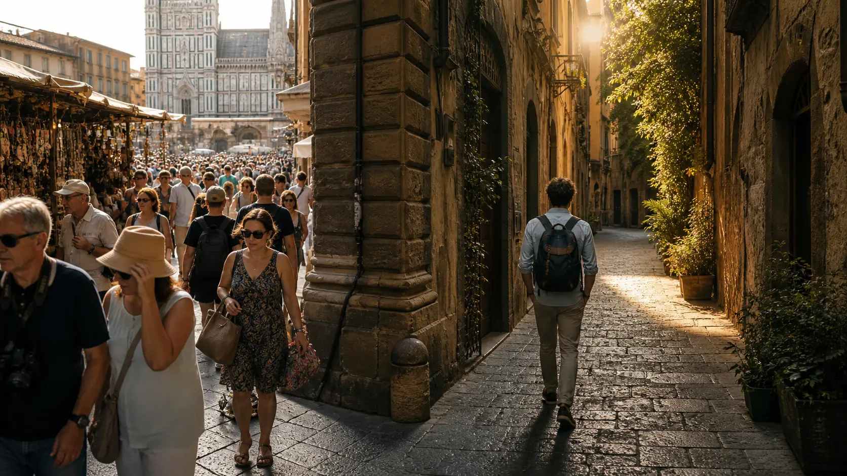 Authentic Local European Streets The Honest Guide to Avoiding Tourist Traps: Travelers discovering hidden local streets in Europe, bypassing the crowded main squares