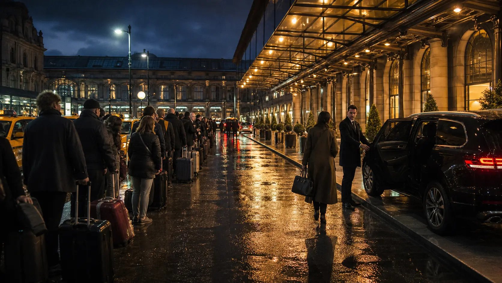 Bypassing Airport Taxi Traps The Honest Guide to Avoiding Tourist Traps: A savvy traveler bypassing chaotic airport taxi lines by using smart digital transfer hacks