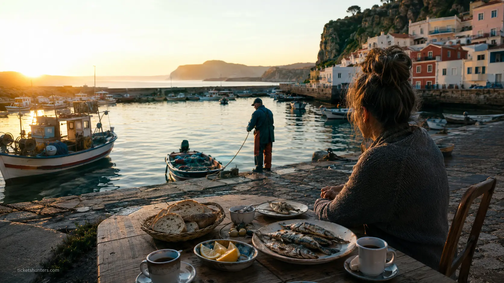 Gastronomy tourism begins at a Portuguese harbor — fresh breakfast table overlooking the Atlantic, 2026