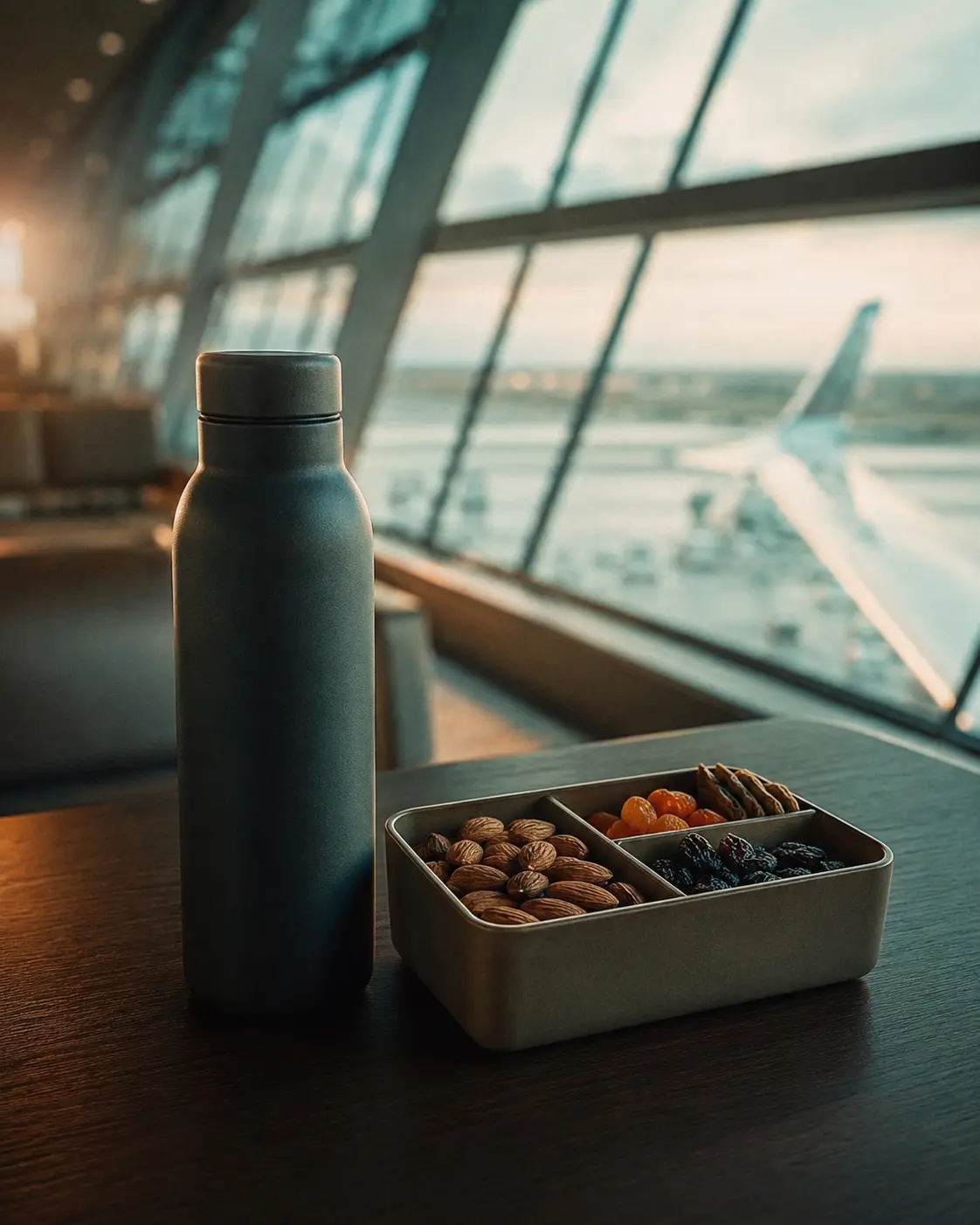 CARRY-ON PACKING LIST 2026 π π 7 Healthy flight travel snacks and a reusable water bottle at the airport terminal