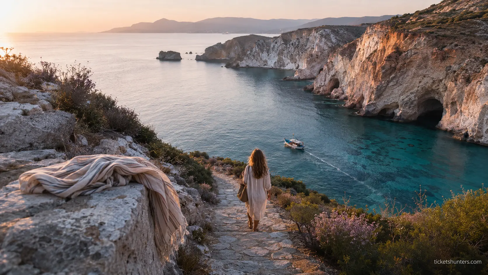 Greece travel guide 2026 — hidden volcanic cove in Milos, empty turquoise water at dawn