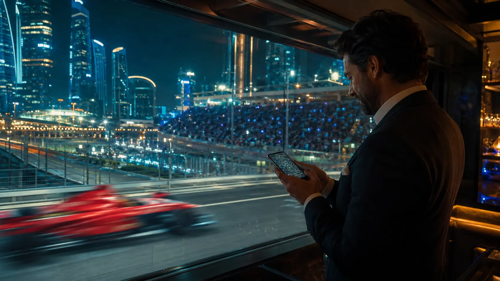 FORMULA 1 TRAVEL GUIDE 🏎️ Fans enjoying incredible grandstand views as F1 cars race past, illustrating the Ultimate Formula 1 Travel Guide 2026