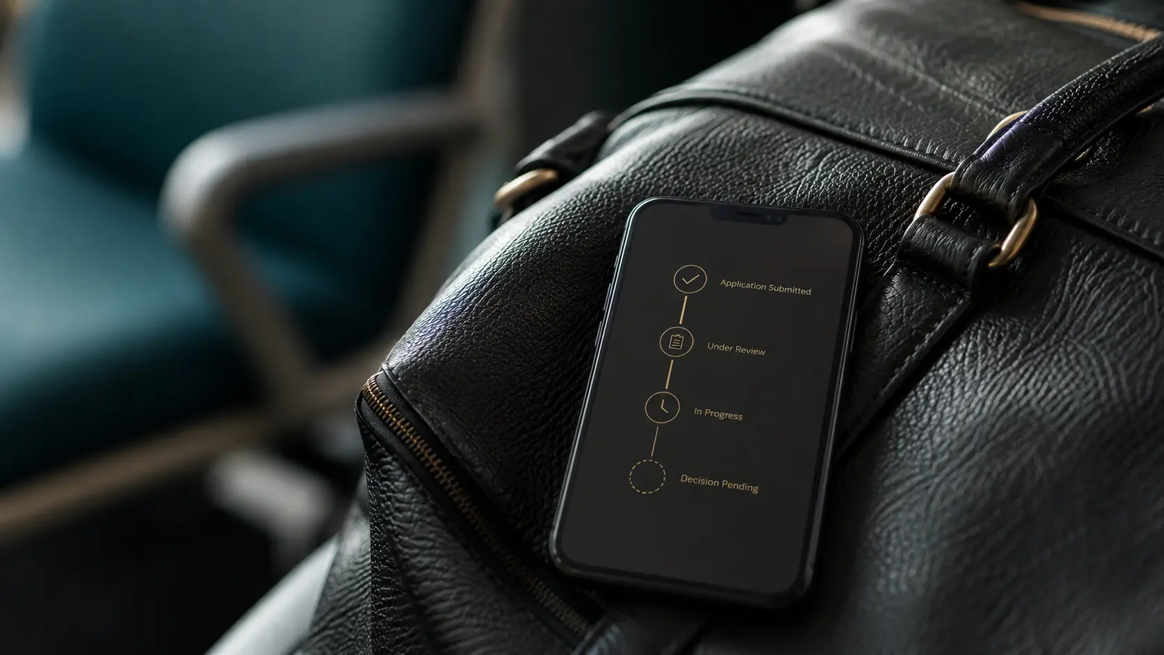 Macro shot of a sleek smartphone resting on a premium dark leather travel duffel bag, displaying a minimal gold visa processing timeline UI against a blurred teal background.