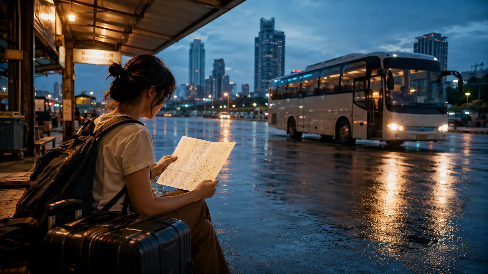 12GO review 2026 — bus terminal on a rainy evening route planning for Asia journey