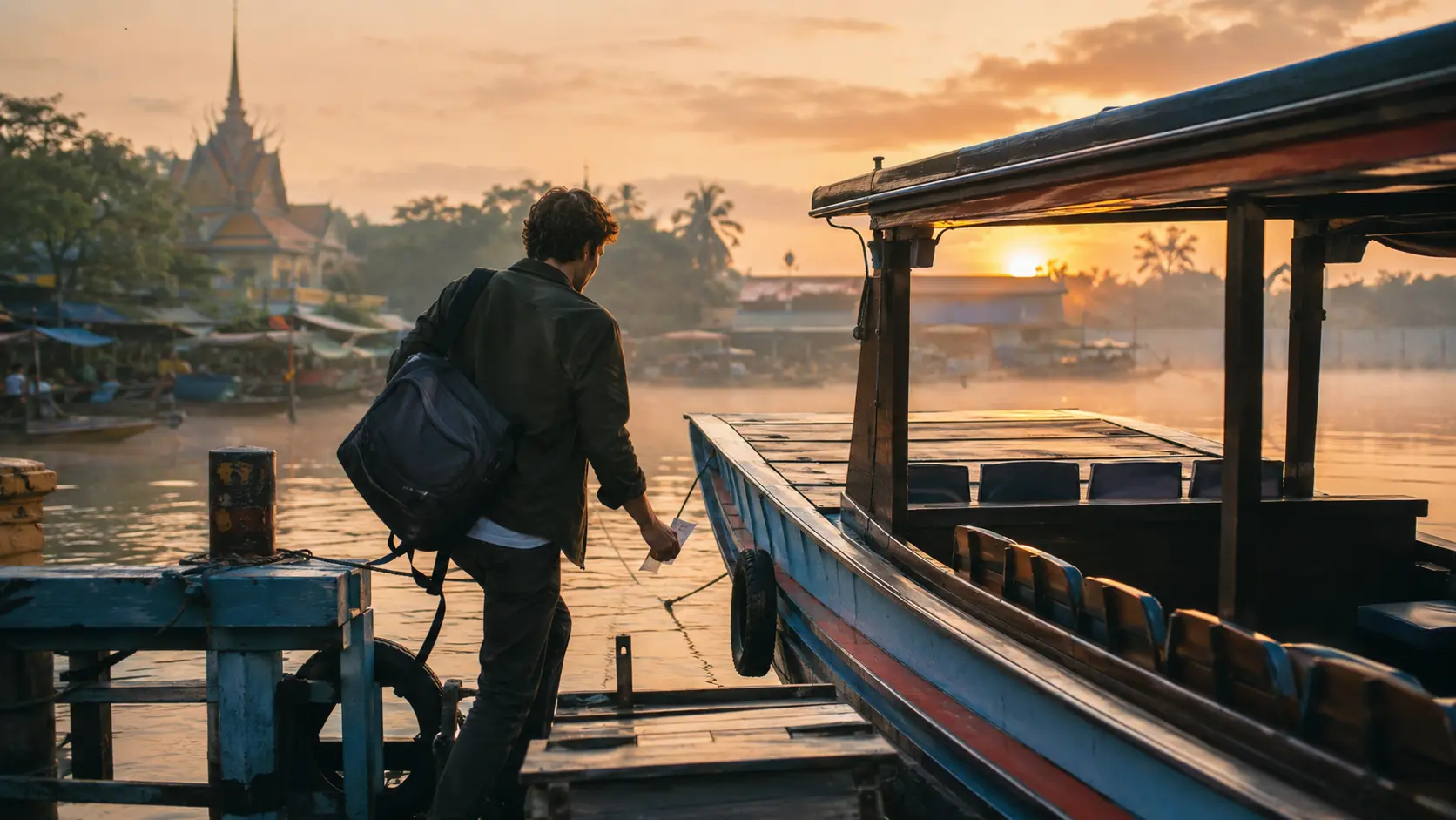 12GO review — riverside boat transfer at sunrise boarding in Southeast Asia