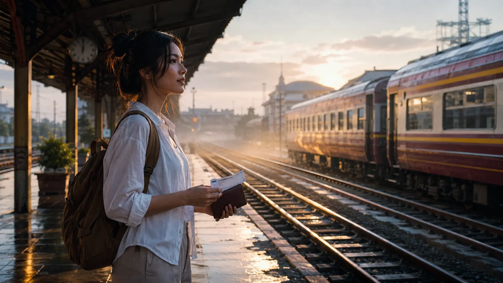12GO review 2026 — train platform at sunrise with traveller checking 12GO e-ticket
