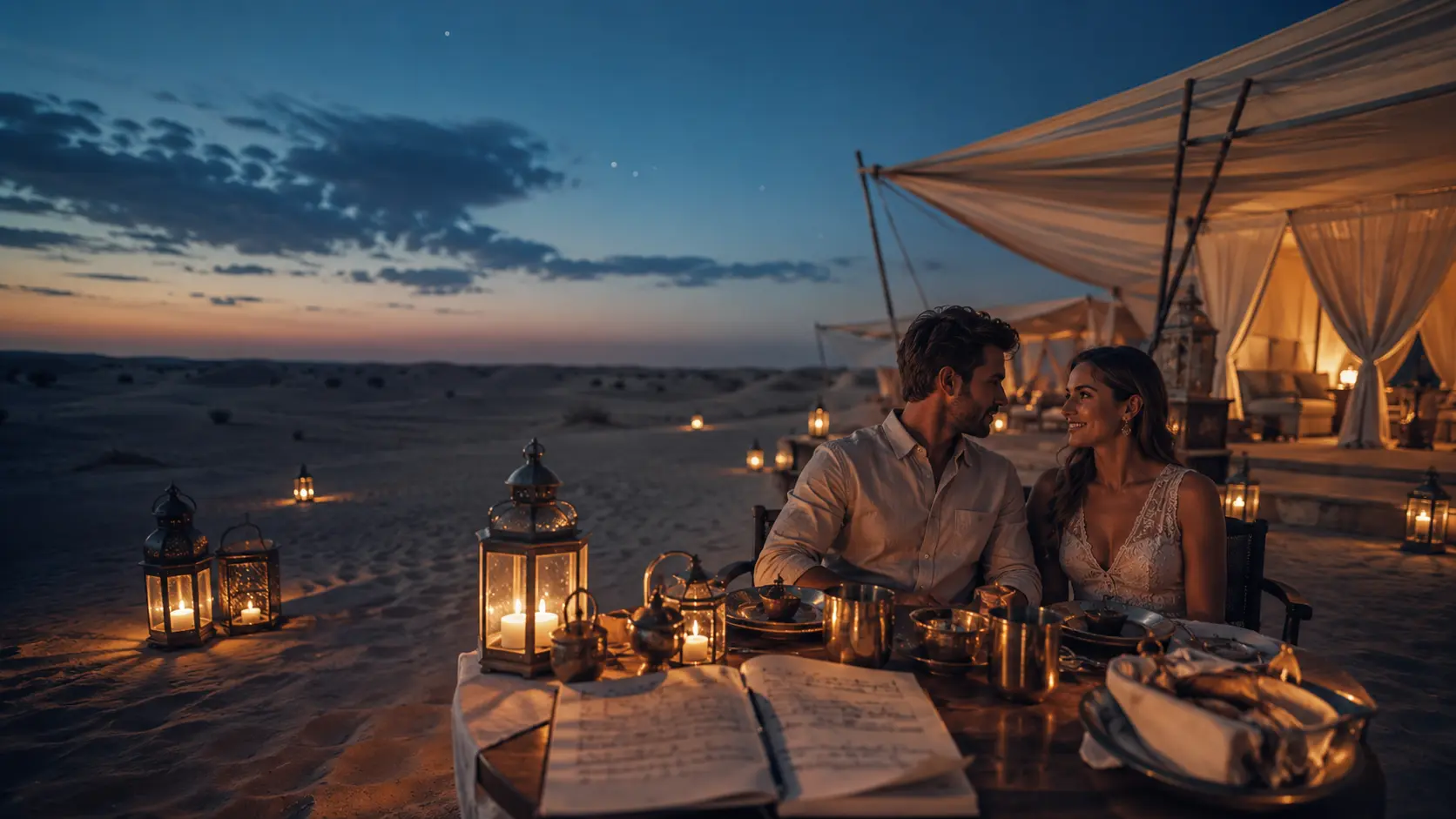 Honeymoon Blueprint 2026 — desert glamping candlelit dinner Morocco Wadi Rum Jordan