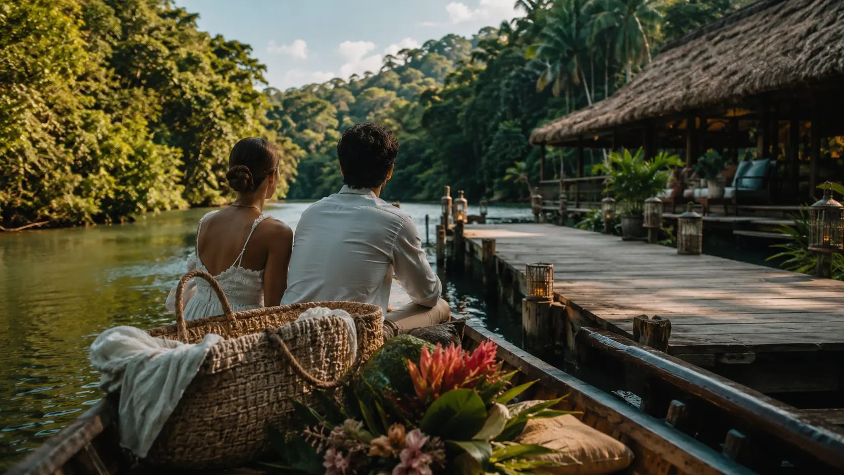 Honeymoon Blueprint 2026 — river lodge boat arrival tropical retreat Borneo Costa Rica